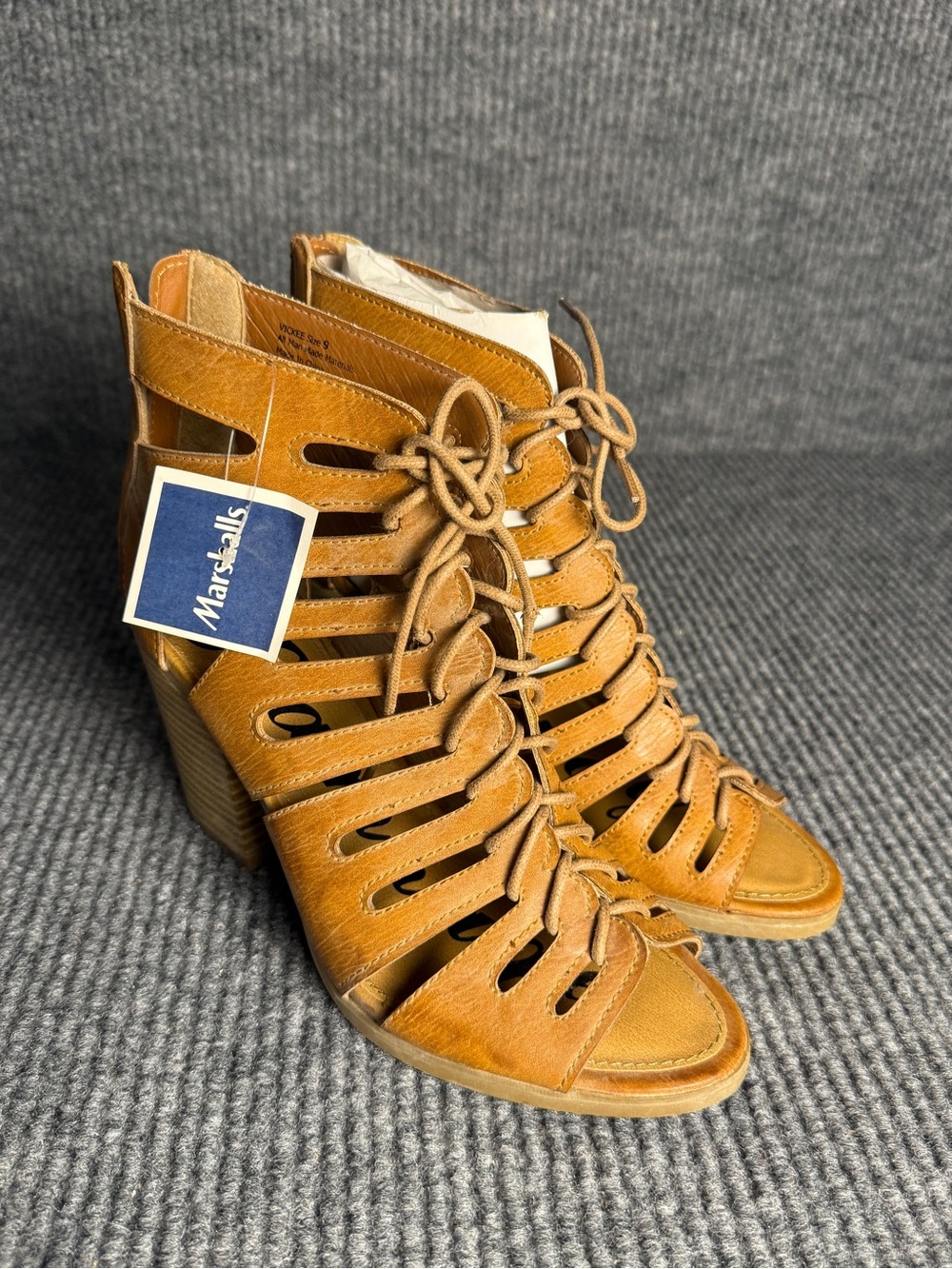 Rampage Cognac Tan Caged Gladiator Lace-Up Block Heel Sandals - Size 9